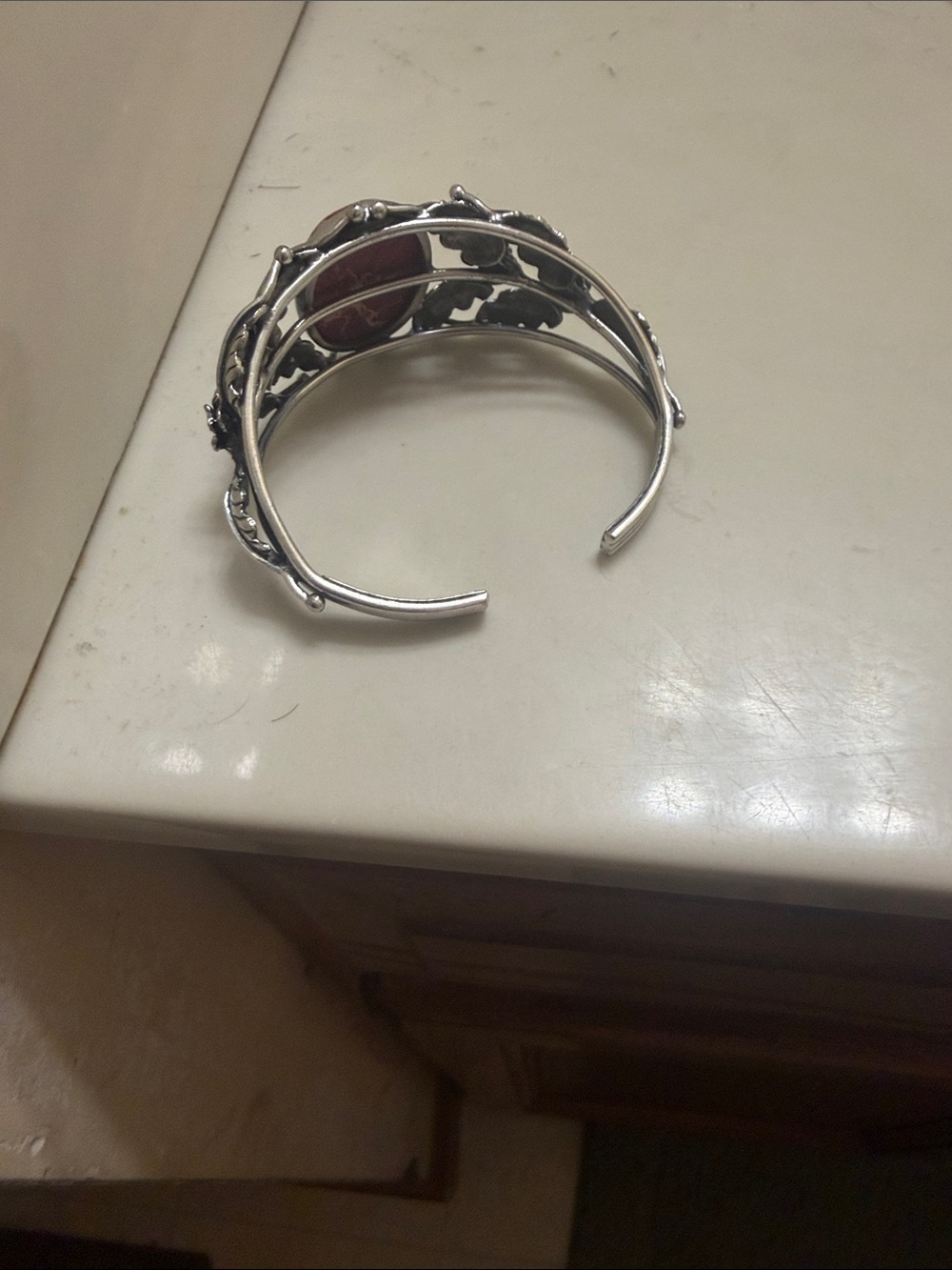 Silver tone Floral Cuff Bracelet with Pink Stone Costume Jewelry - Picture 2 of 5